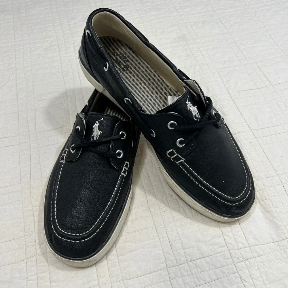 Polo Ralph Lauren Sander Mens Black Leather Boat Shoes Loafers Size 10D 00000859